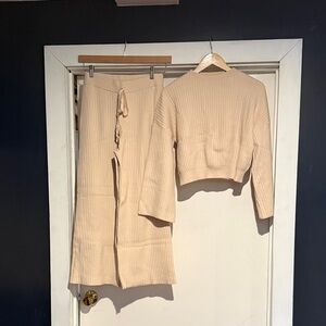 Vici Beige Ribbed Knit Crop Sweater & Wide Leg Pants Set
